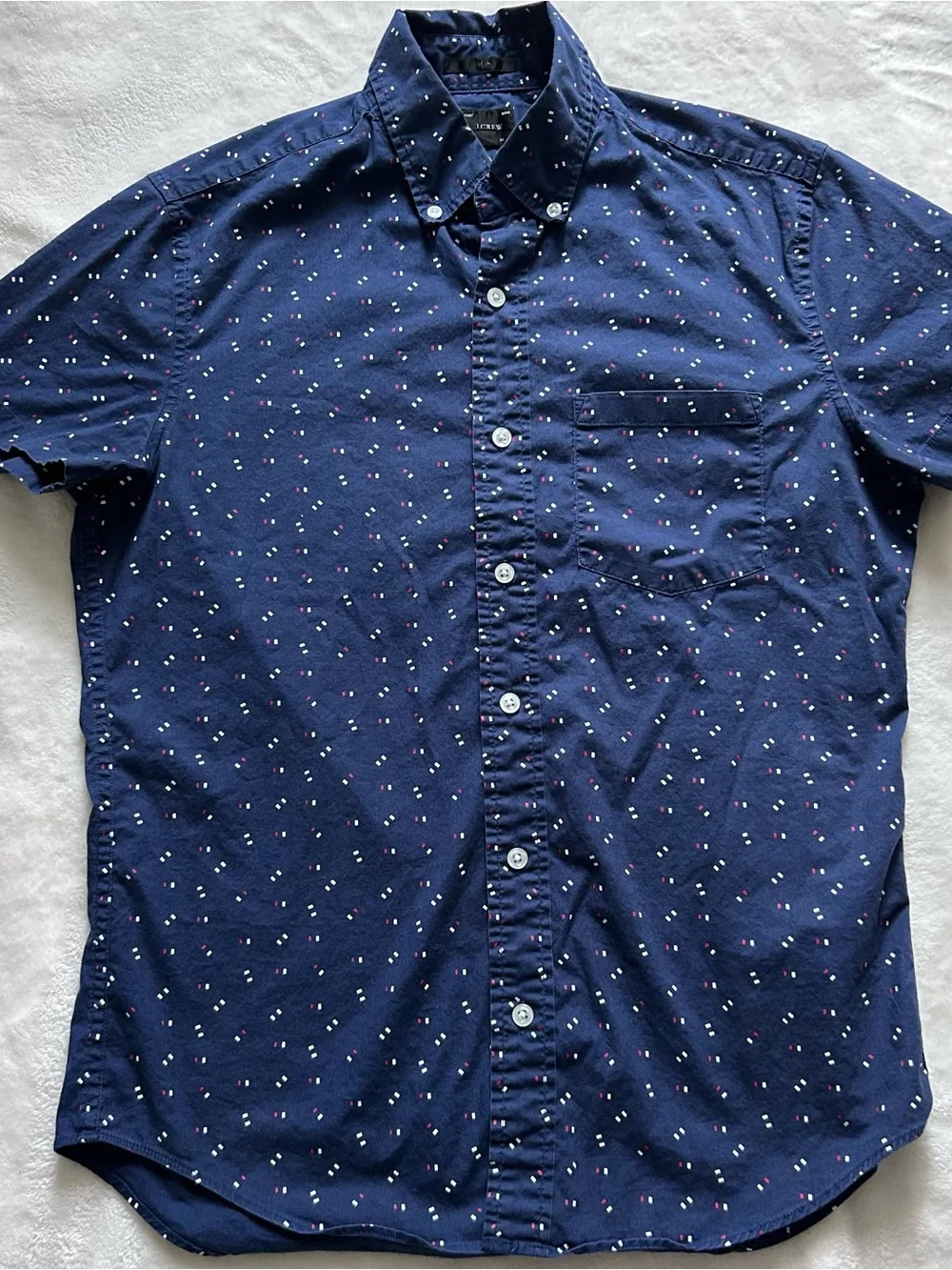 J. Crew Slim Fit Navy Short-Sleeve Button-Down with Red White Blue Micro Dots